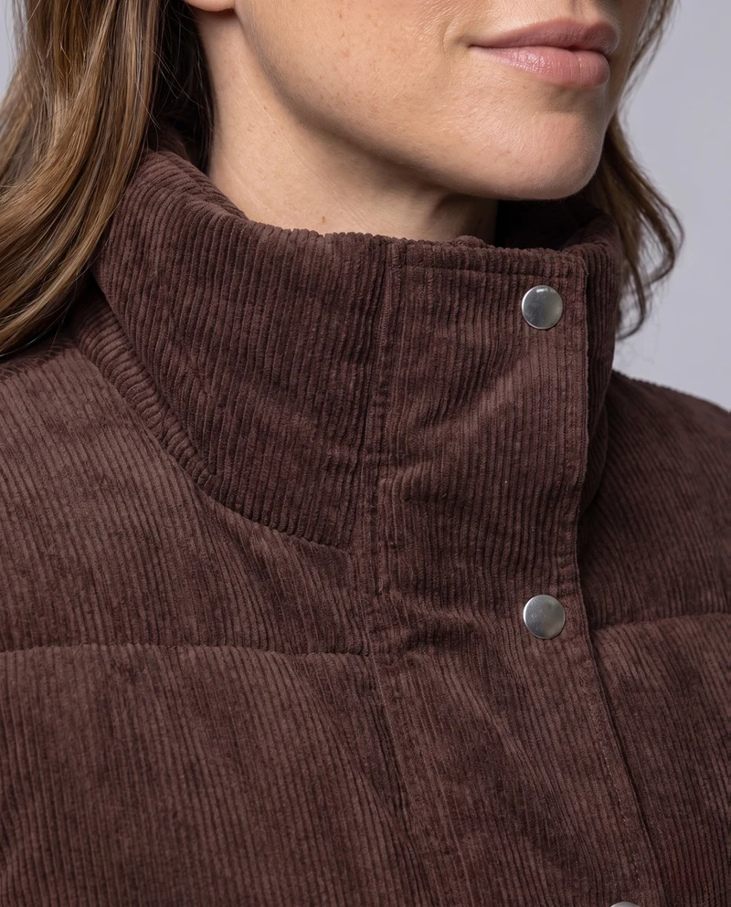Damen kurze Cord-Velours gesteppte Weste mit hohem Schalkragen und Druckknopfblende