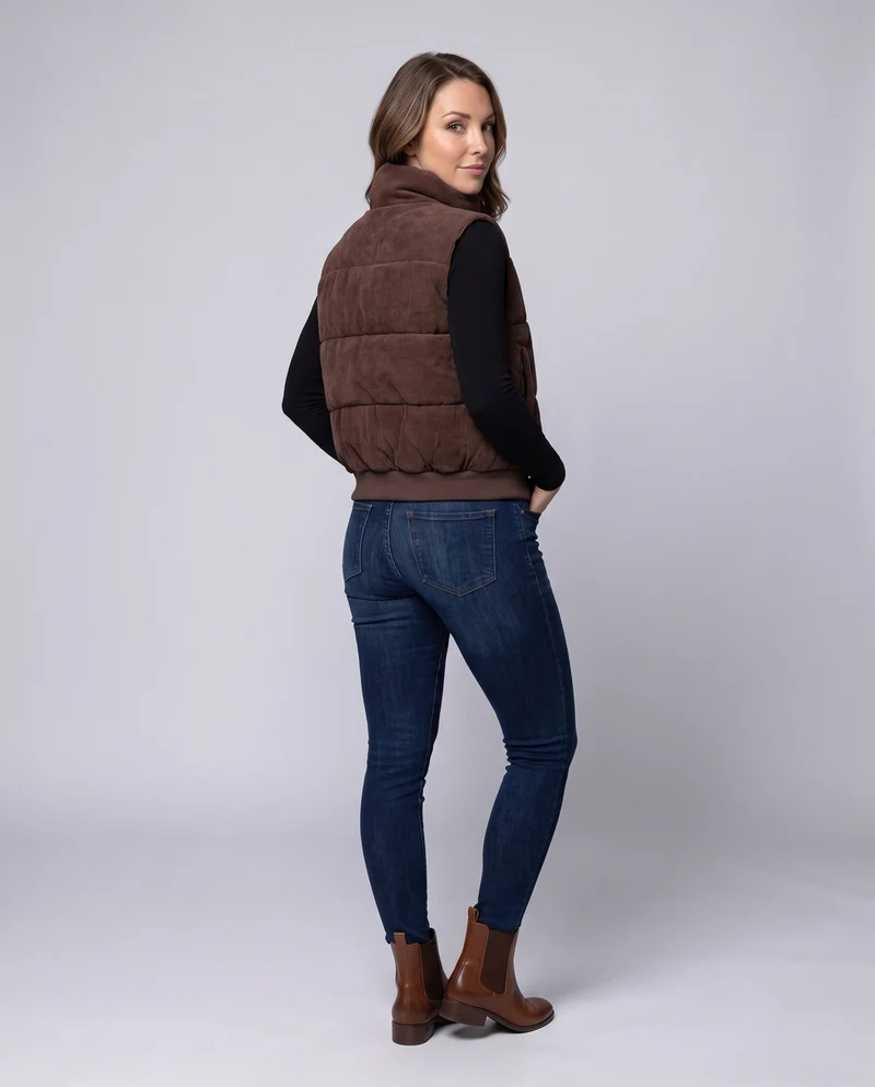 Damen kurze Cord-Velours gesteppte Weste mit hohem Schalkragen und Druckknopfblende