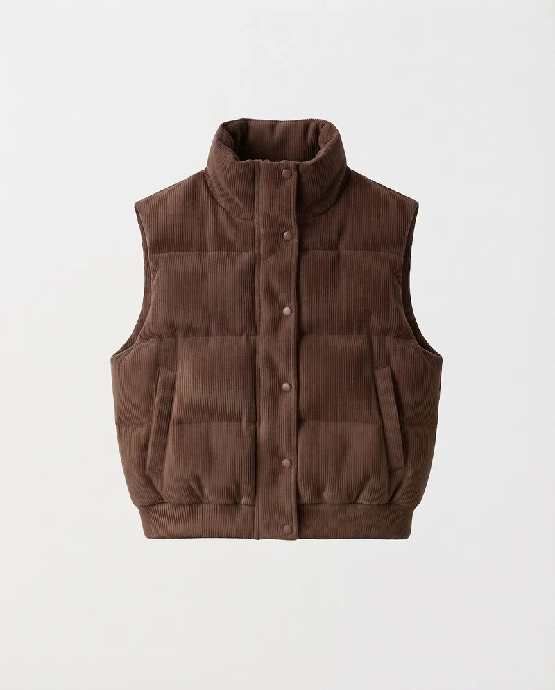 Damen kurze Cord-Velours gesteppte Weste mit hohem Schalkragen und Druckknopfblende