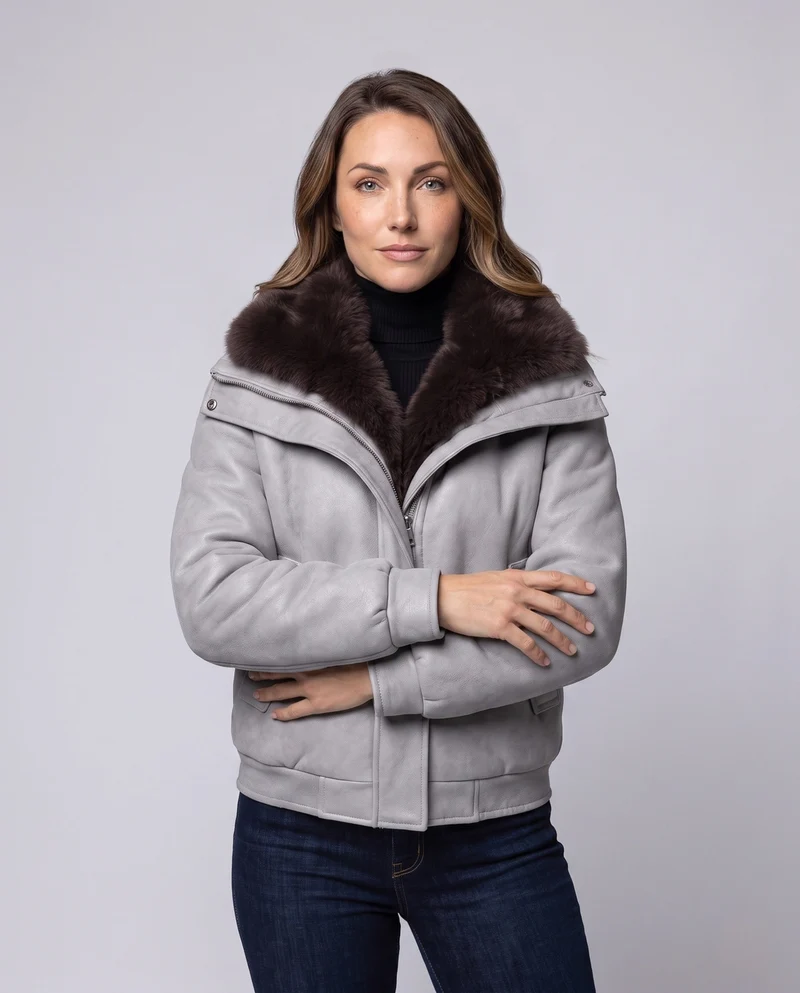 Damen im kurzen Bomberjackenstil aus synthetischem Leder mit voluminösem Kunstpelzkragen und enganliegenden Bündchen