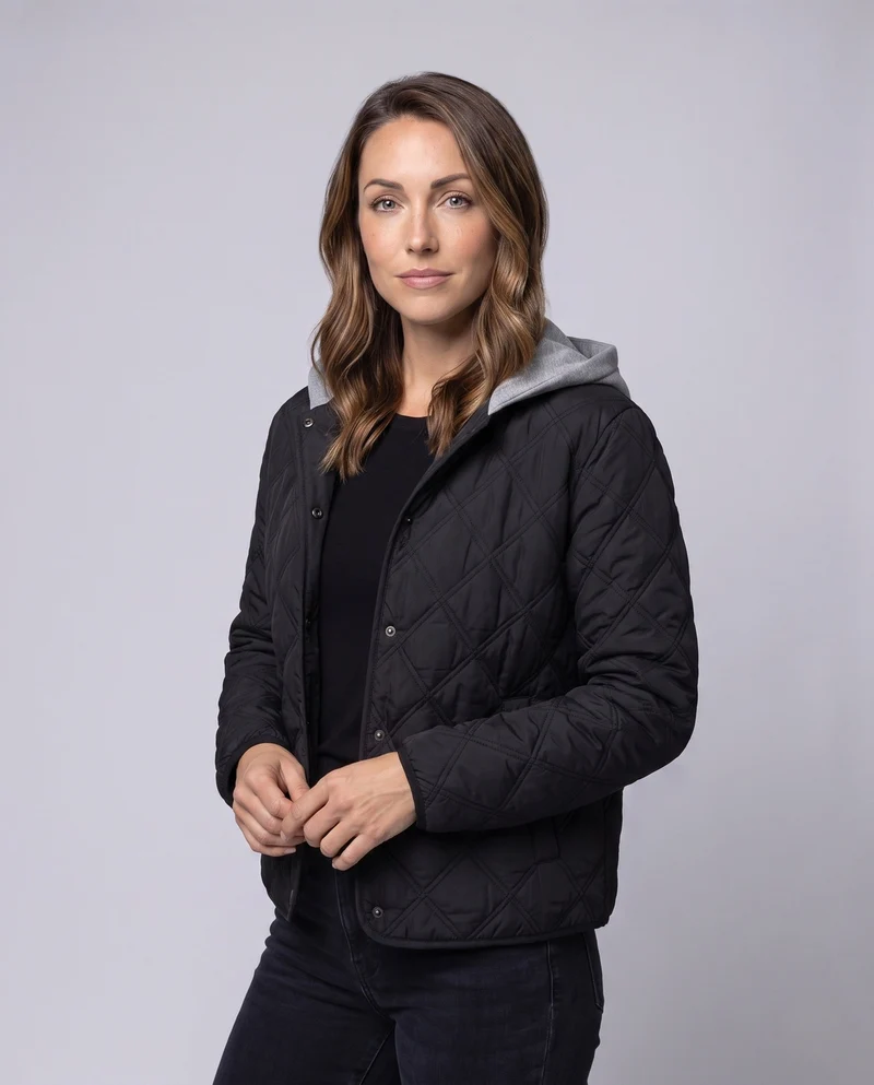Damen kurze gesteppte Blousonjacke mit feiner Rautensteppung, Kapuzenfutter und wärmender thermischer Polsterung.