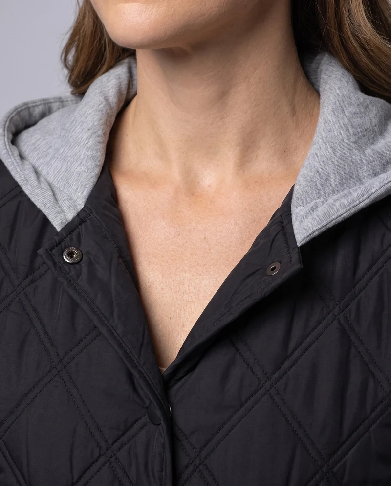 Damen kurze gesteppte Blousonjacke mit feiner Rautensteppung, Kapuzenfutter und wärmender thermischer Polsterung.