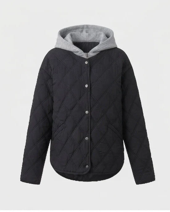 Damen kurze gesteppte Blousonjacke mit feiner Rautensteppung, Kapuzenfutter und wärmender thermischer Polsterung.
