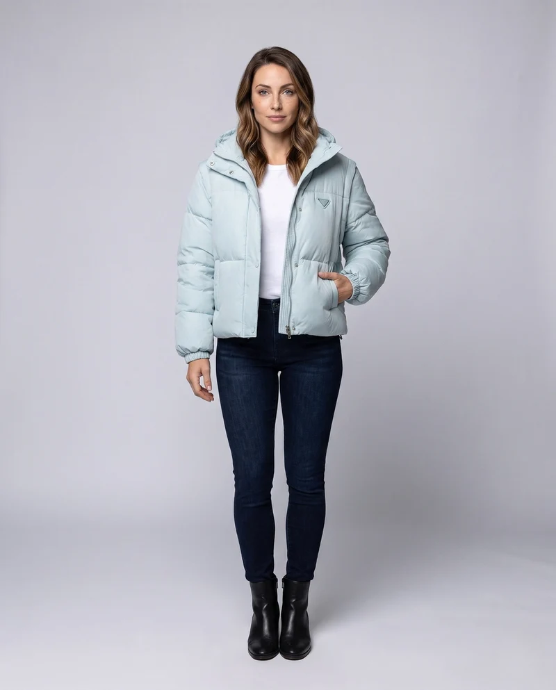 Damen kurze gesteppte boxy Pufferjacke mit Kapuze, verstellbarem Saum und elastischen Bündchen