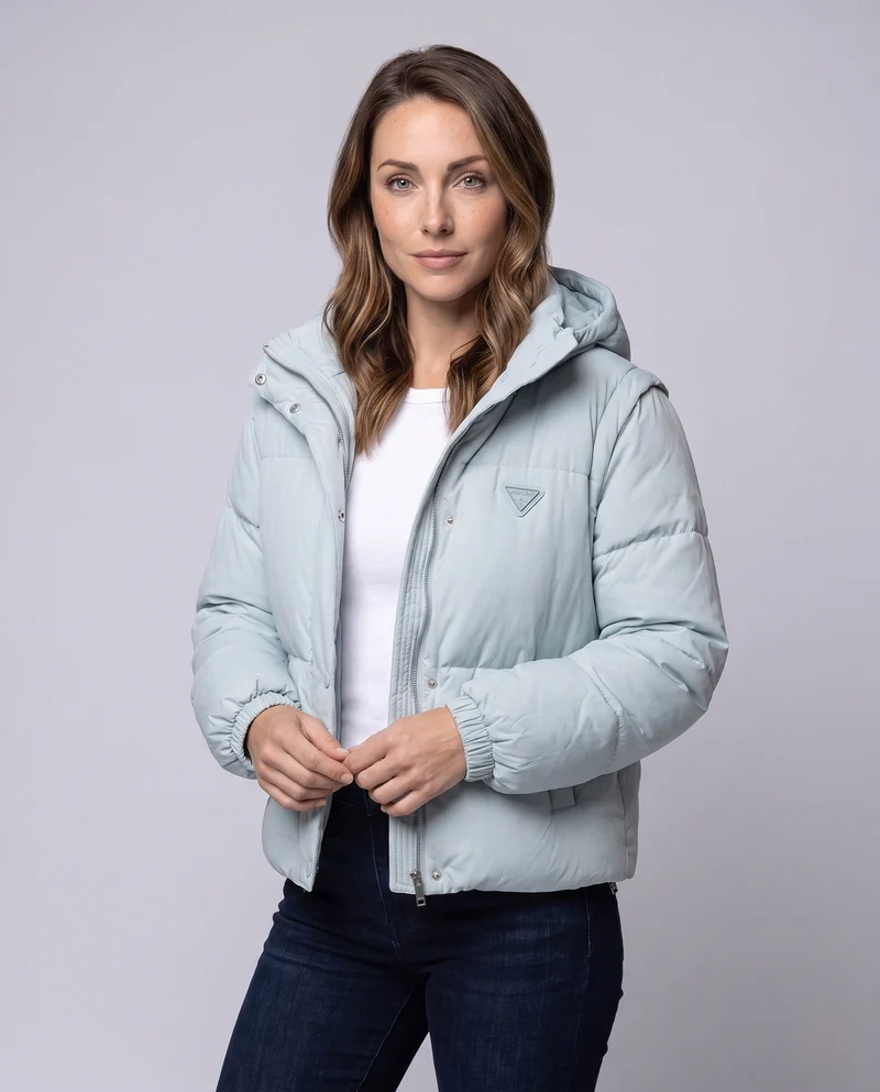 Damen kurze gesteppte boxy Pufferjacke mit Kapuze, verstellbarem Saum und elastischen Bündchen