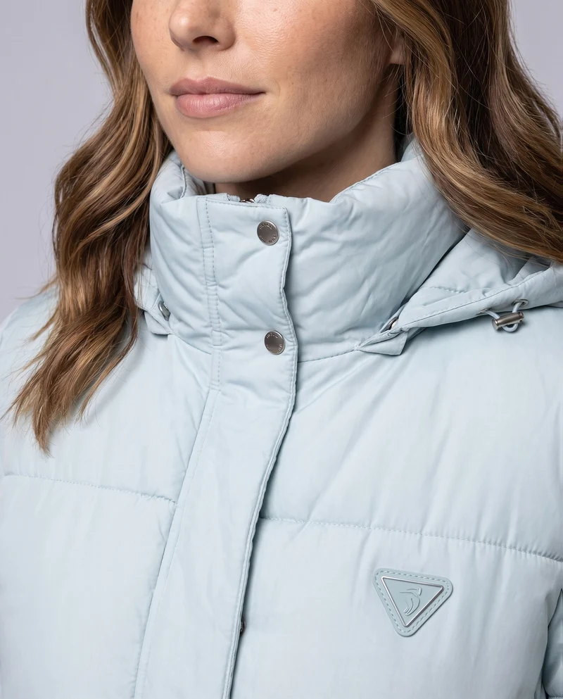 Damen kurze gesteppte boxy Pufferjacke mit Kapuze, verstellbarem Saum und elastischen Bündchen