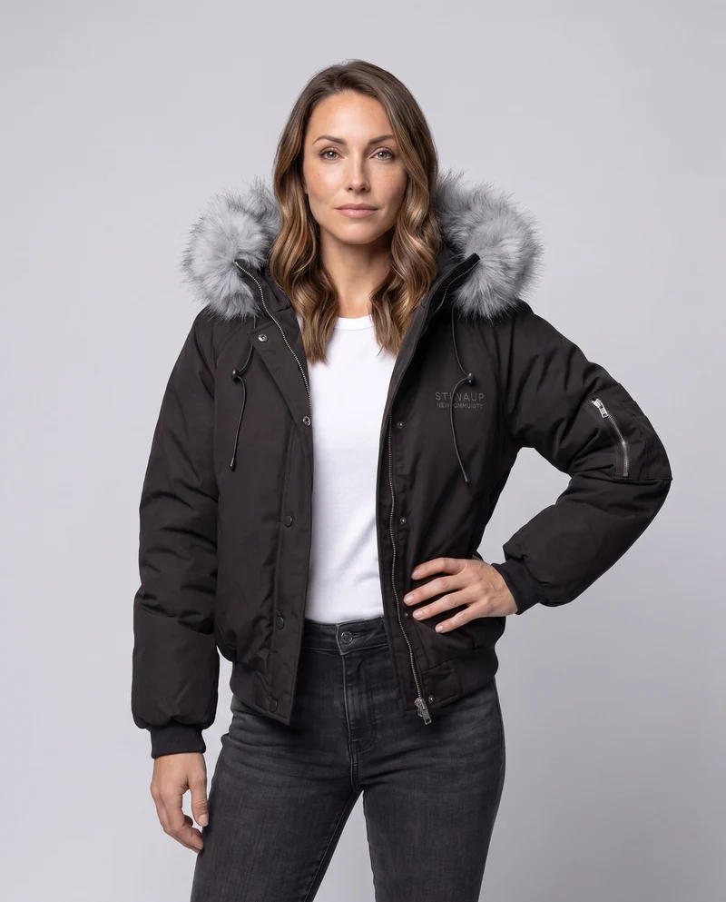 Damen kurze gesteppte Stadt-Bomberjacke mit voluminöser Kapuze, Kordelzug und winddichter thermischer Fütterung