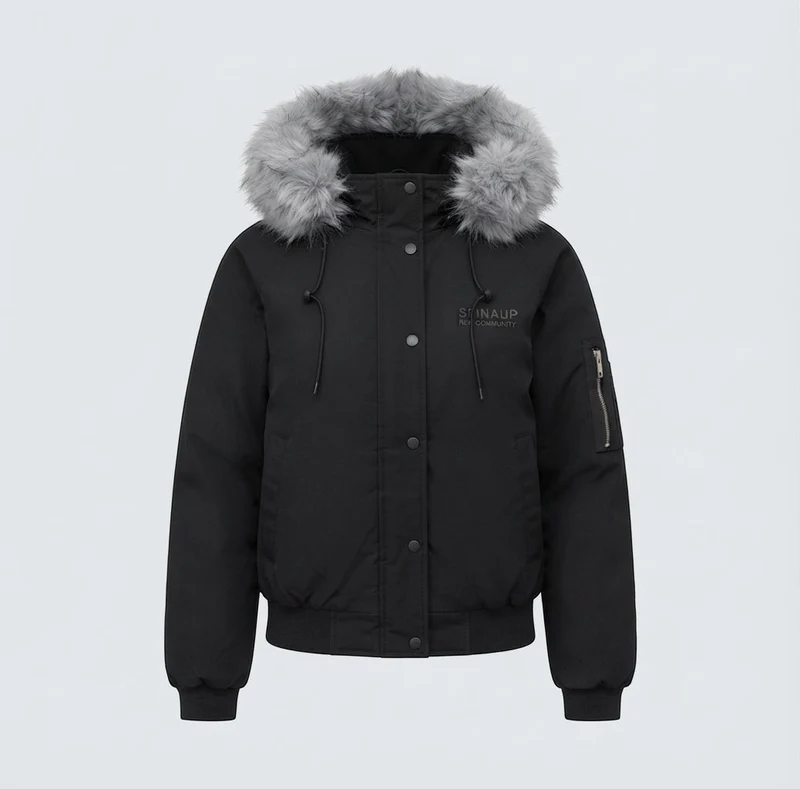 Damen kurze gesteppte Stadt-Bomberjacke mit voluminöser Kapuze, Kordelzug und winddichter thermischer Fütterung