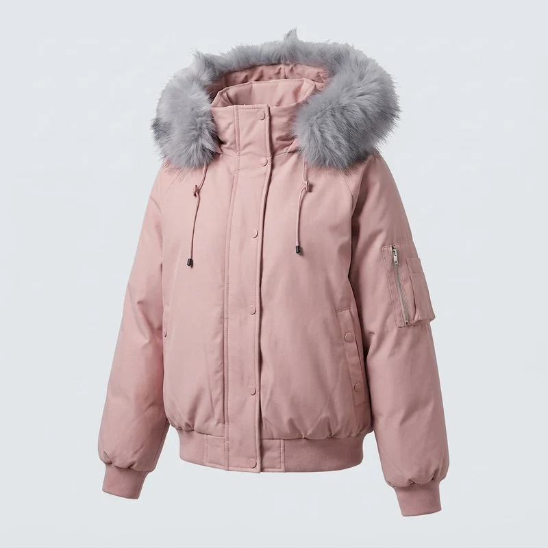 Damen kurze gesteppte Stadt-Bomberjacke mit voluminöser Kapuze, Kordelzug und winddichter thermischer Fütterung