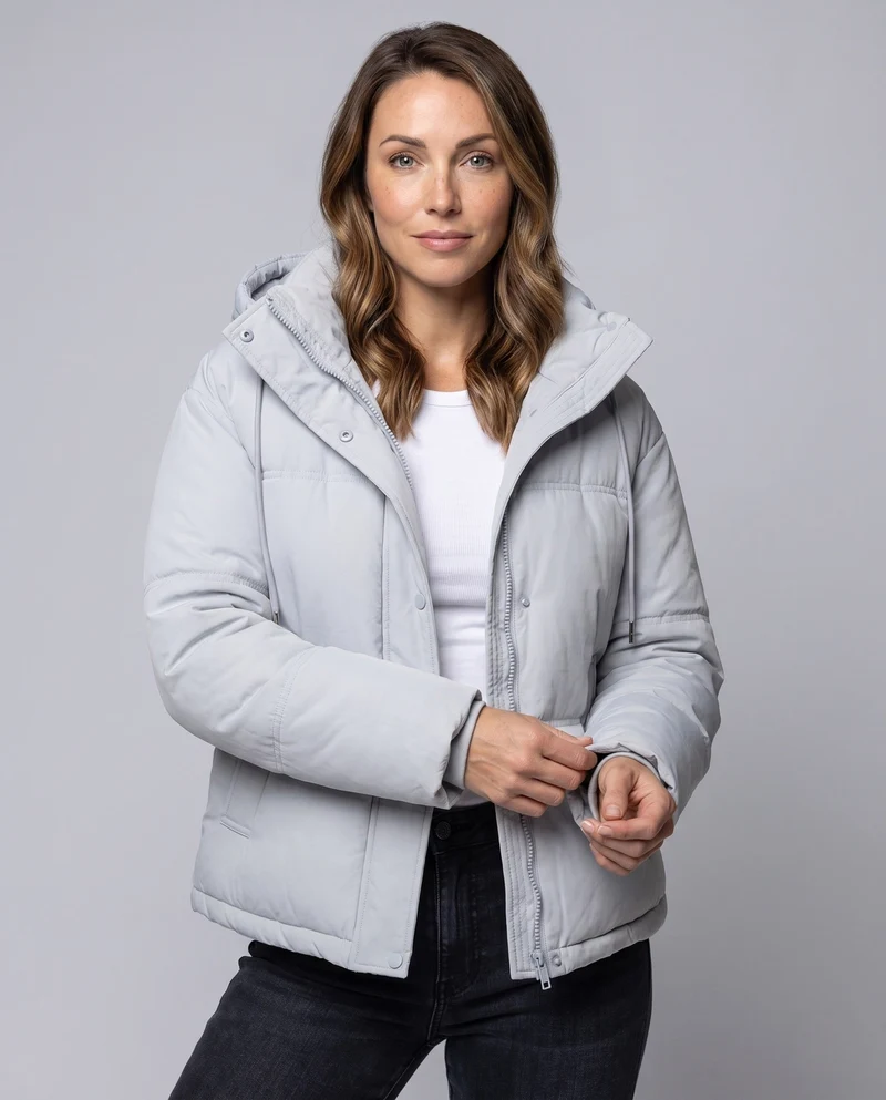 Damen kurze gesteppten Bluse mit Kapuze und Teddy-Innenkragen, verdecktem zweigängigem Reißverschluss und verstellbarem Saum