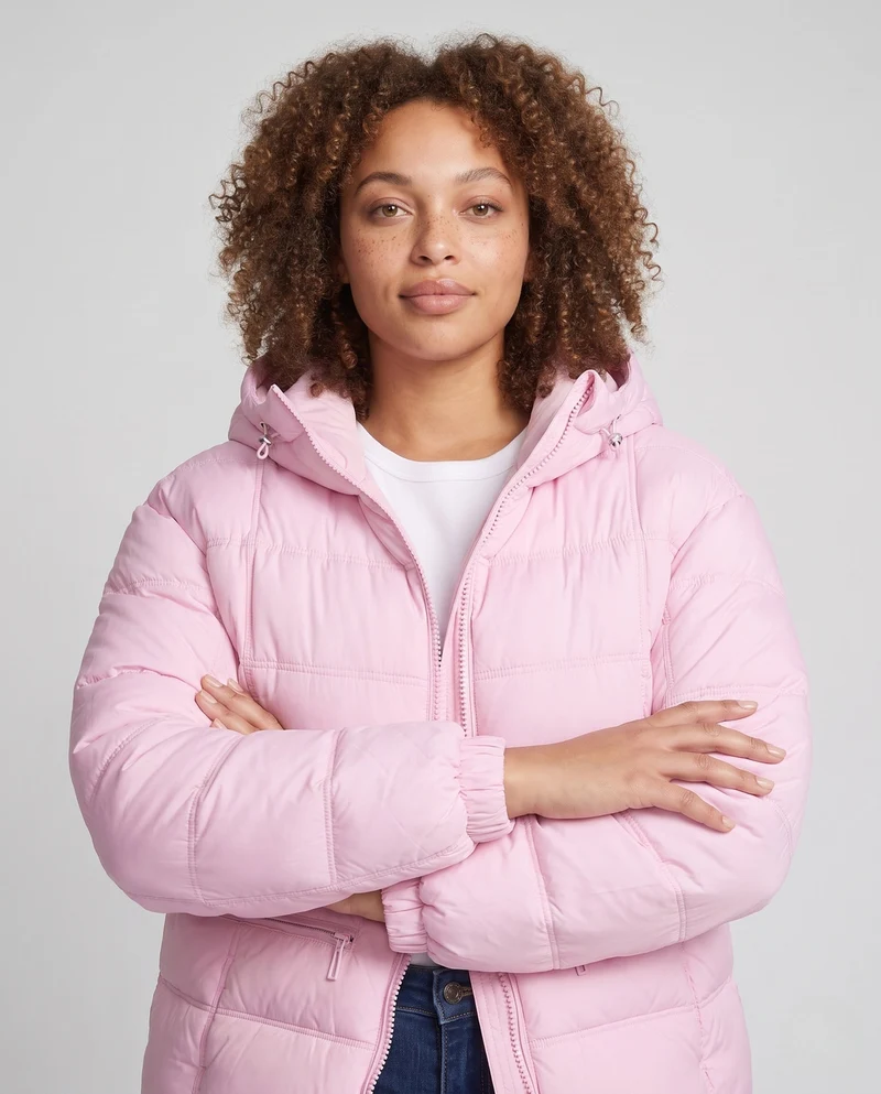 Damen gesteppte Kapuzenshirt mit verstellbarem Kordelzug und Reißverschlusstaschen