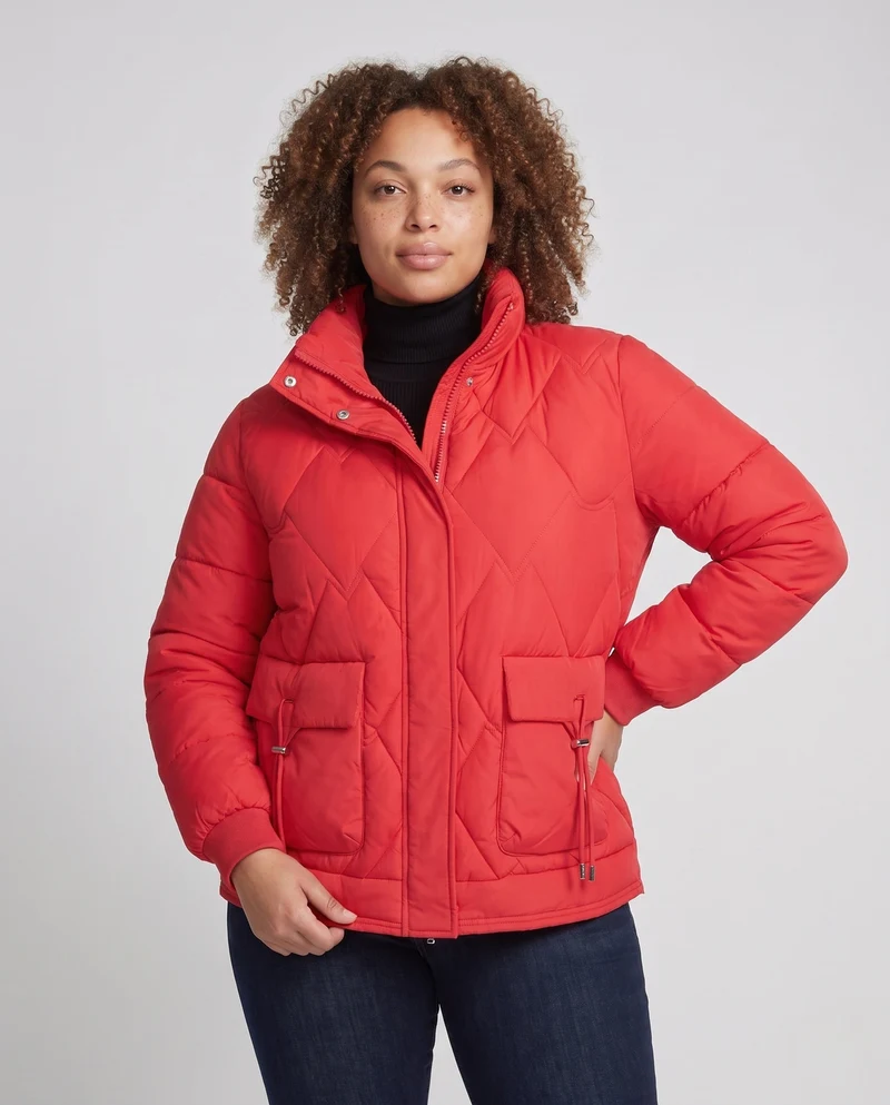 Damen kurze gesteppte Thermojacke mit geometrischer Steppung, hohem Kragen und verstellbarem Saum
