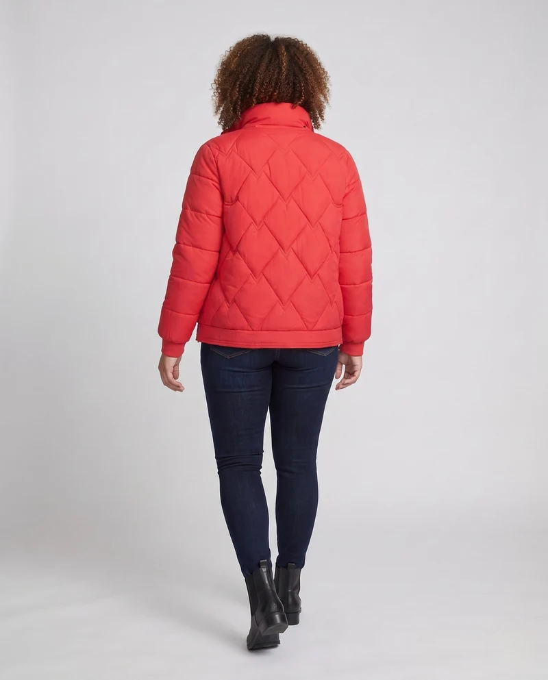Damen kurze gesteppte Thermojacke mit geometrischer Steppung, hohem Kragen und verstellbarem Saum