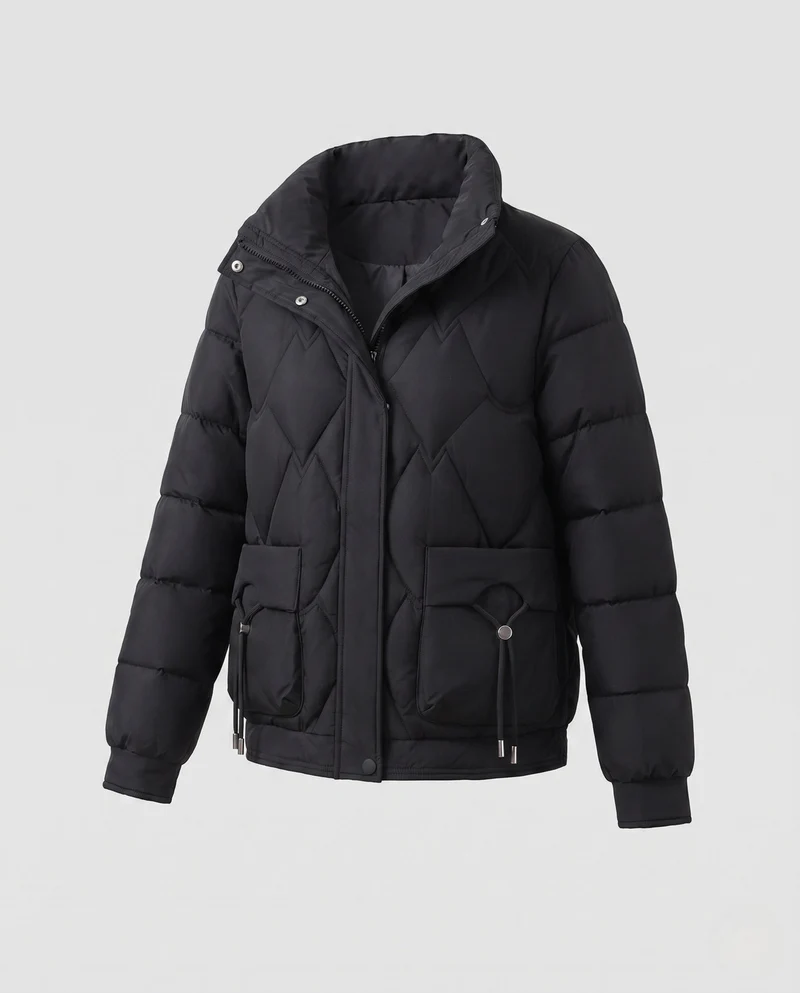 Damen kurze gesteppte Thermojacke mit geometrischer Steppung, hohem Kragen und verstellbarem Saum