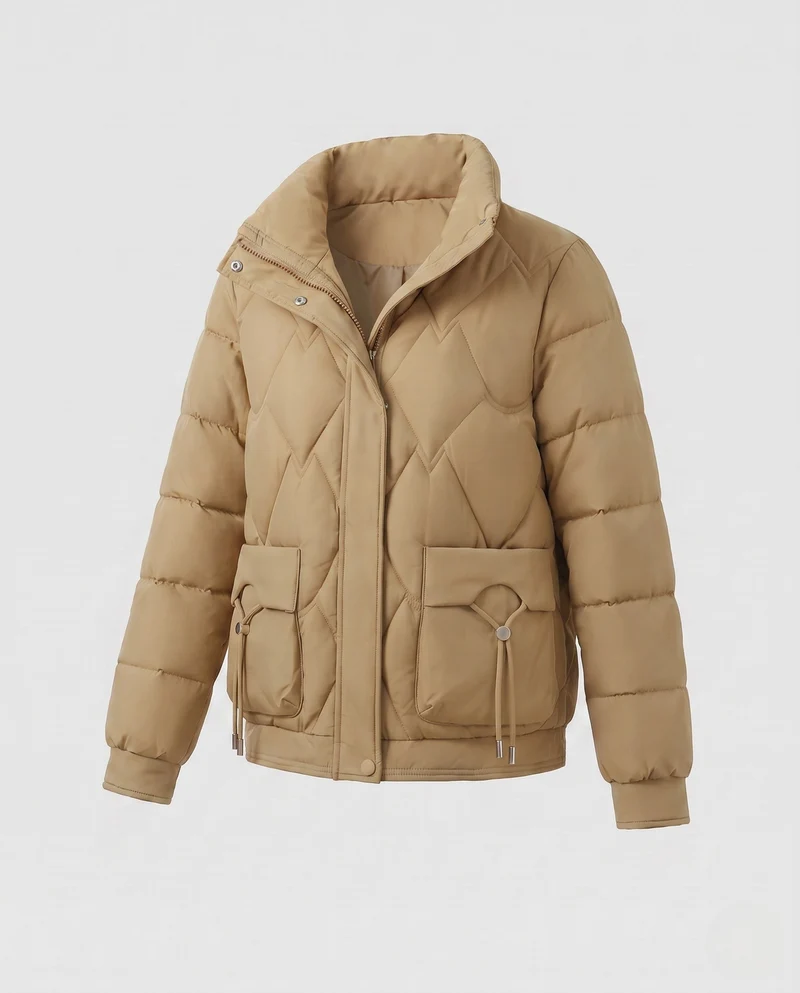 Damen kurze gesteppte Thermojacke mit geometrischer Steppung, hohem Kragen und verstellbarem Saum