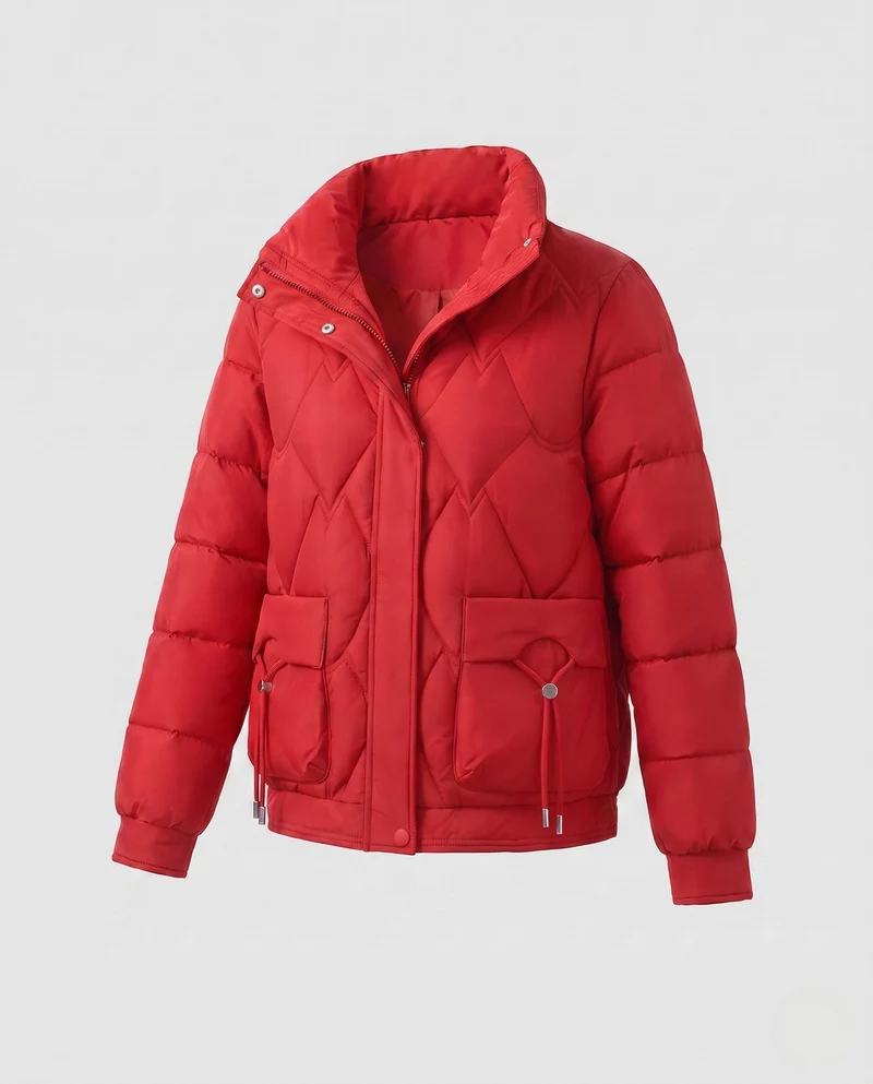 Damen kurze gesteppte Thermojacke mit geometrischer Steppung, hohem Kragen und verstellbarem Saum