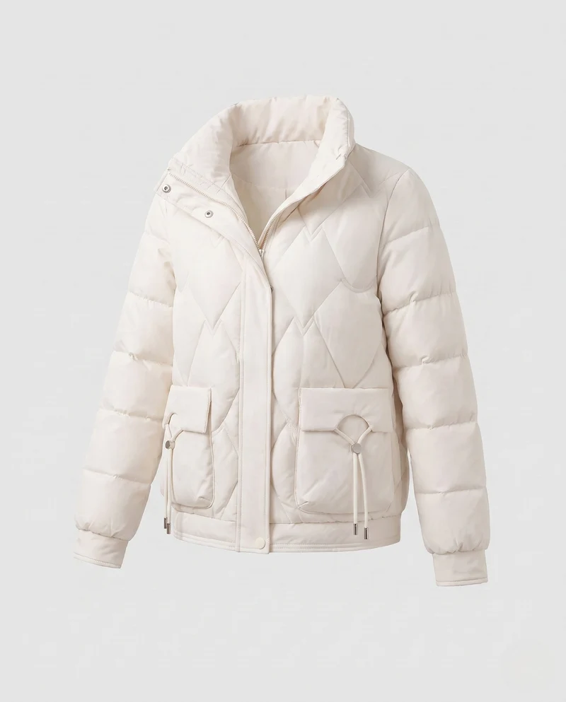 Damen kurze gesteppte Thermojacke mit geometrischer Steppung, hohem Kragen und verstellbarem Saum