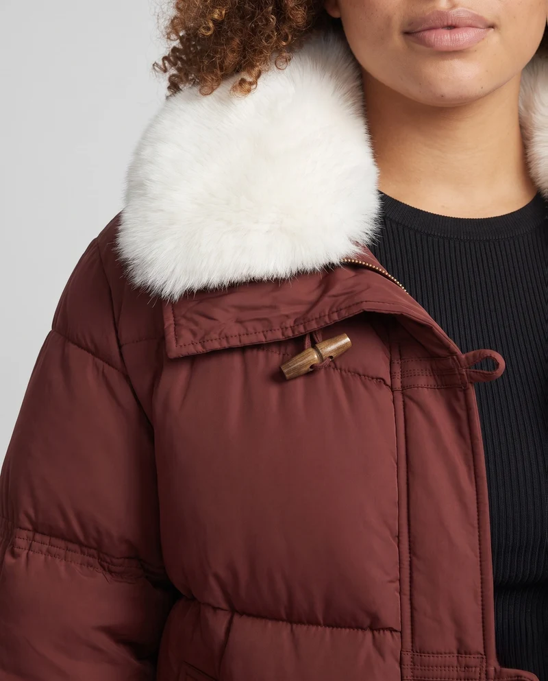 Damen kurze gesteppte Winterkurzparka mit weichem Kunstfellkragen und Knebelverschlüssen