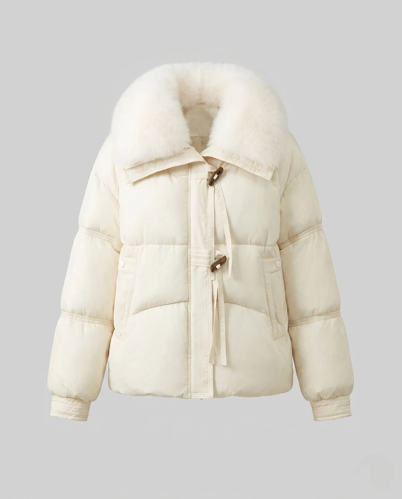 Damen kurze gesteppte Winterkurzparka mit weichem Kunstfellkragen und Knebelverschlüssen