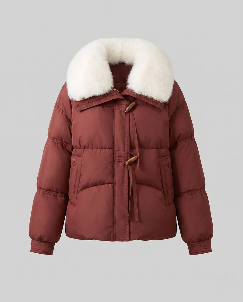 Damen kurze gesteppte Winterkurzparka mit weichem Kunstfellkragen und Knebelverschlüssen