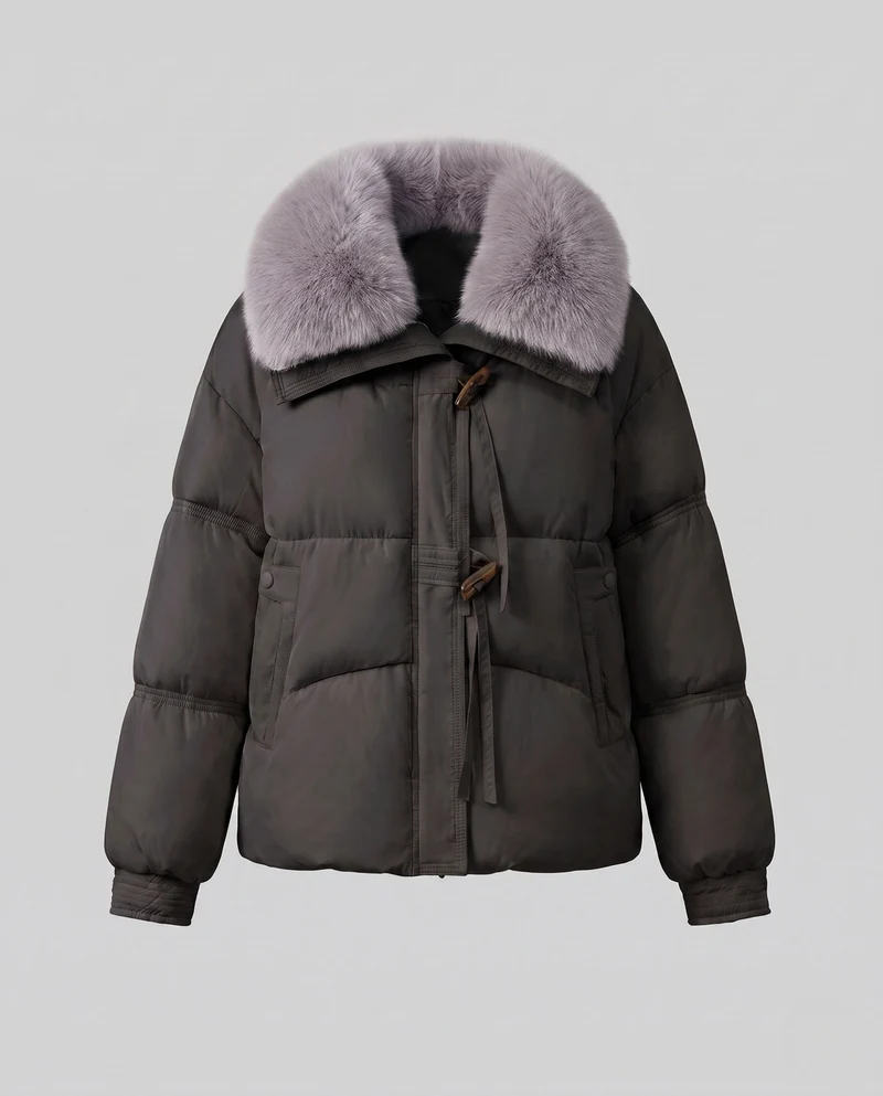 Damen kurze gesteppte Winterkurzparka mit weichem Kunstfellkragen und Knebelverschlüssen