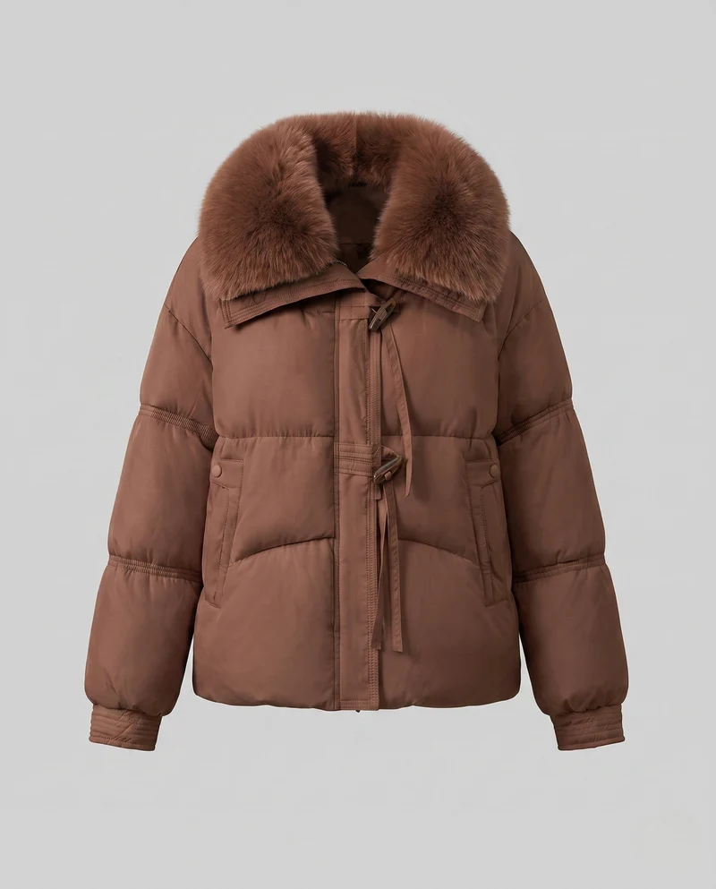 Damen kurze gesteppte Winterkurzparka mit weichem Kunstfellkragen und Knebelverschlüssen