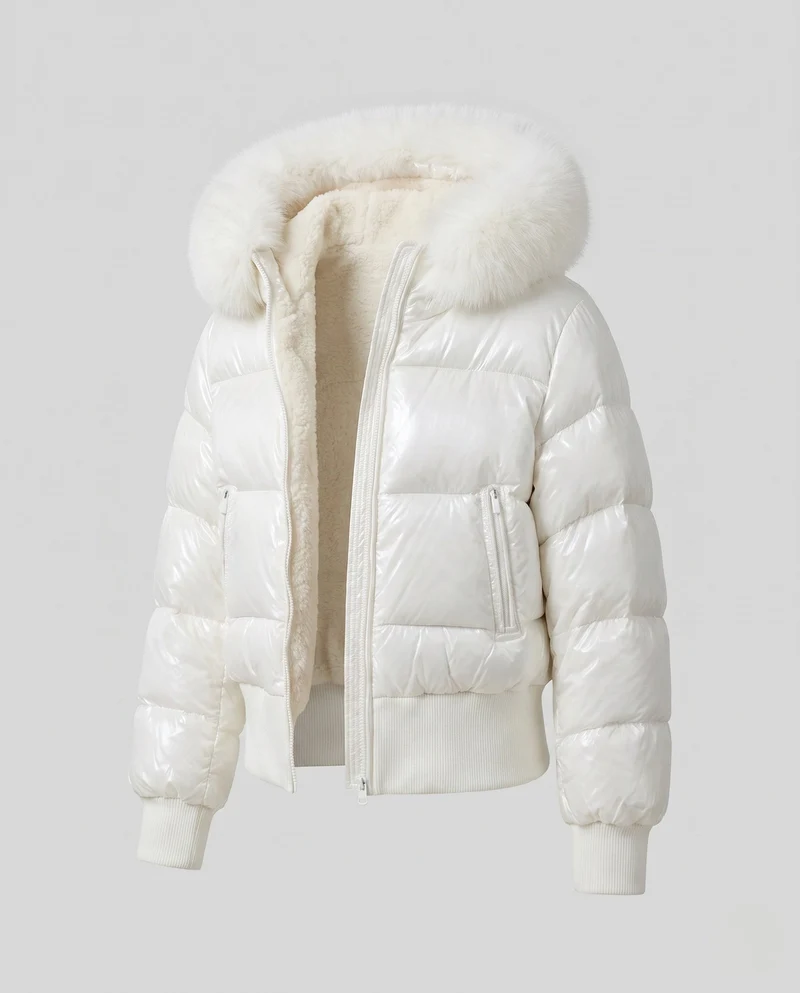 Damen kurze glänzende Pufferjacke mit übergroßer Kunstfellkapuze und Teddy-Futter