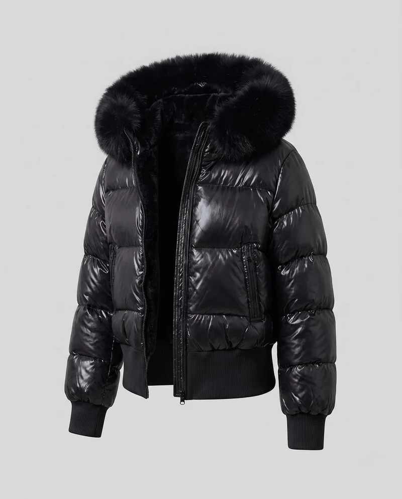 Damen kurze glänzende Pufferjacke mit übergroßer Kunstfellkapuze und Teddy-Futter