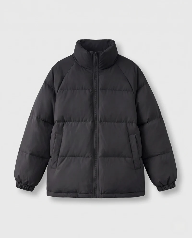 Damen kurze glänzende boxy Pufferjacke mit hohem Stehkragen und voluminösen Ärmeln