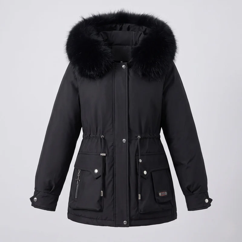 Damen kurze isolierte Utility-Parka mit modularen Cargo-Taschen und voluminösem Fellkragen