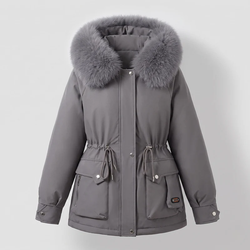 Damen kurze isolierte Utility-Parka mit modularen Cargo-Taschen und voluminösem Fellkragen