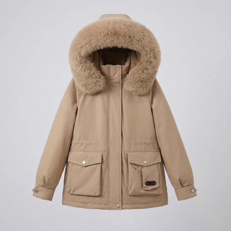 Damen kurze isolierte Utility-Parka mit modularen Cargo-Taschen und voluminösem Fellkragen