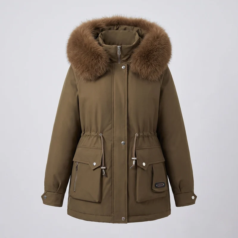 Damen kurze isolierte Utility-Parka mit modularen Cargo-Taschen und voluminösem Fellkragen
