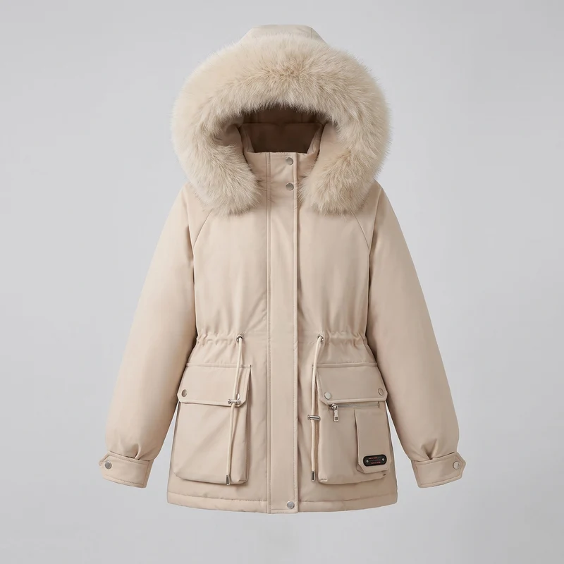 Damen kurze isolierte Utility-Parka mit modularen Cargo-Taschen und voluminösem Fellkragen