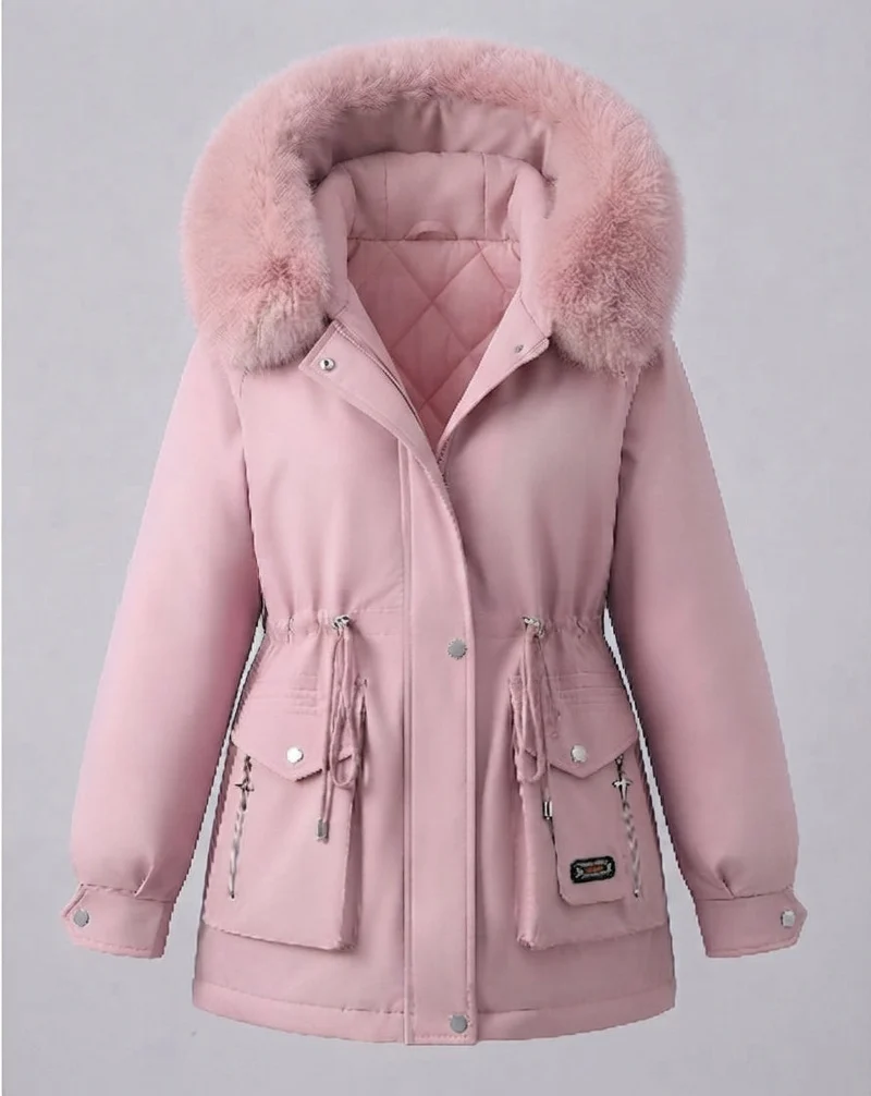 Damen kurze isolierte Utility-Parka mit modularen Cargo-Taschen und voluminösem Fellkragen
