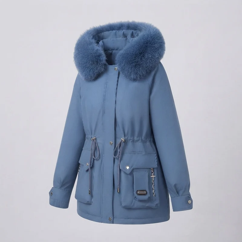 Damen kurze isolierte Utility-Parka mit modularen Cargo-Taschen und voluminösem Fellkragen
