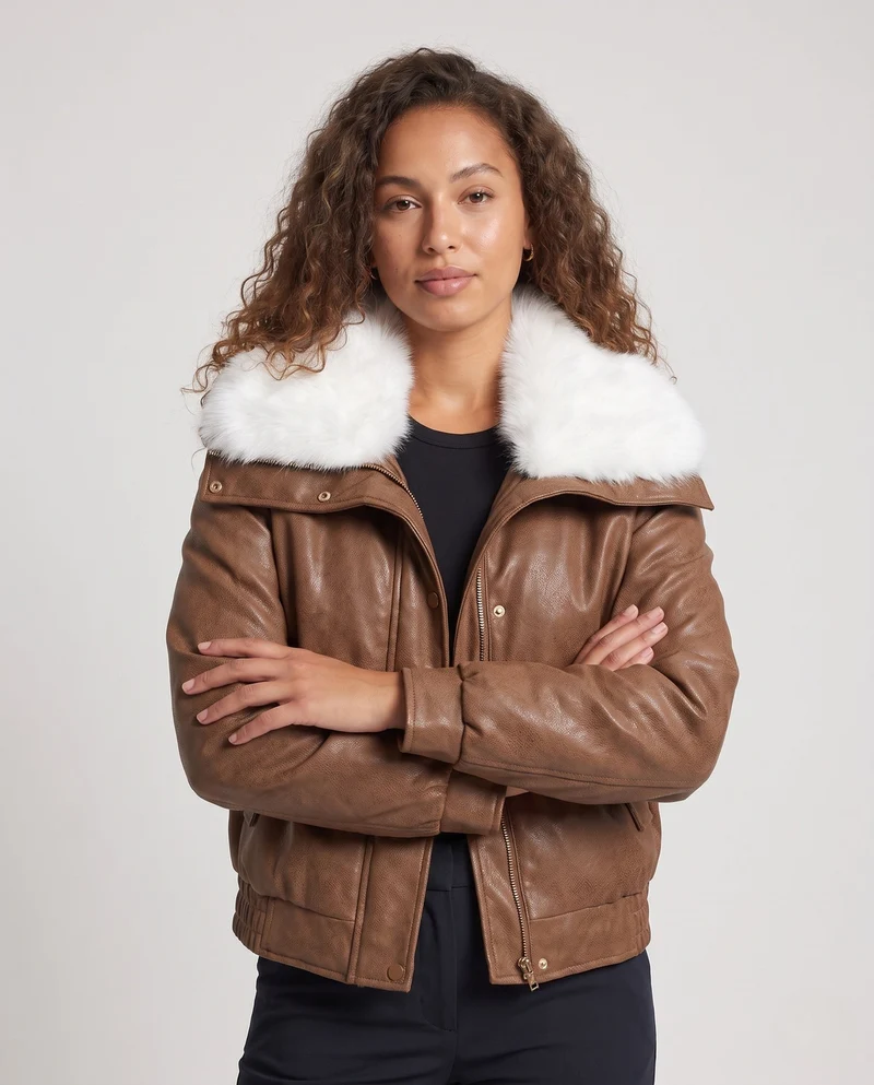Damen kurze Lammleder-Imitation Fliegerjacke mit voluminösem Kunstfellkragen