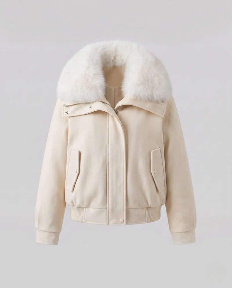 Damen kurze Lammleder-Imitation Fliegerjacke mit voluminösem Kunstfellkragen