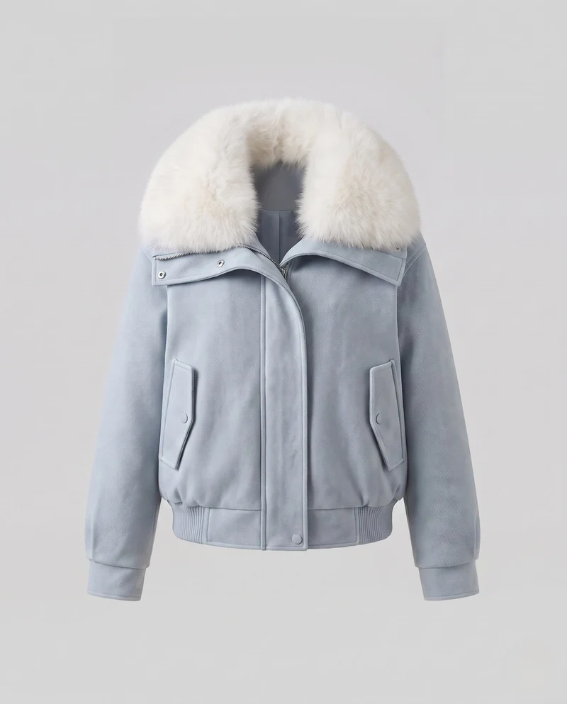 Damen kurze Lammleder-Imitation Fliegerjacke mit voluminösem Kunstfellkragen