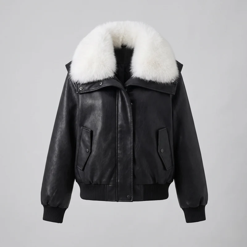Damen kurze Lammleder-Imitation Fliegerjacke mit voluminösem Kunstfellkragen
