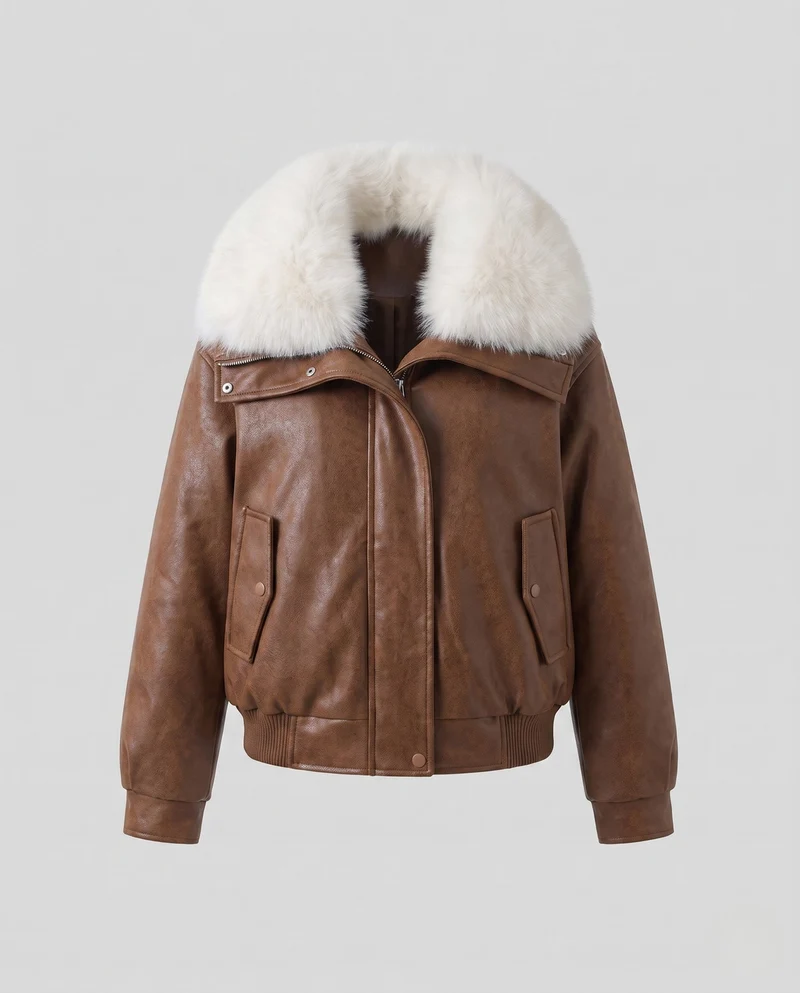 Damen kurze Lammleder-Imitation Fliegerjacke mit voluminösem Kunstfellkragen