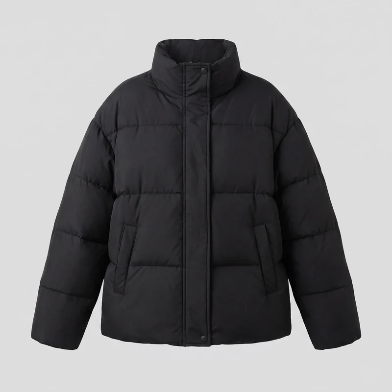 Damen kurze minimalistische boxy Puffjacke mit hohem Schalkragen und verdeckter Knopfleiste