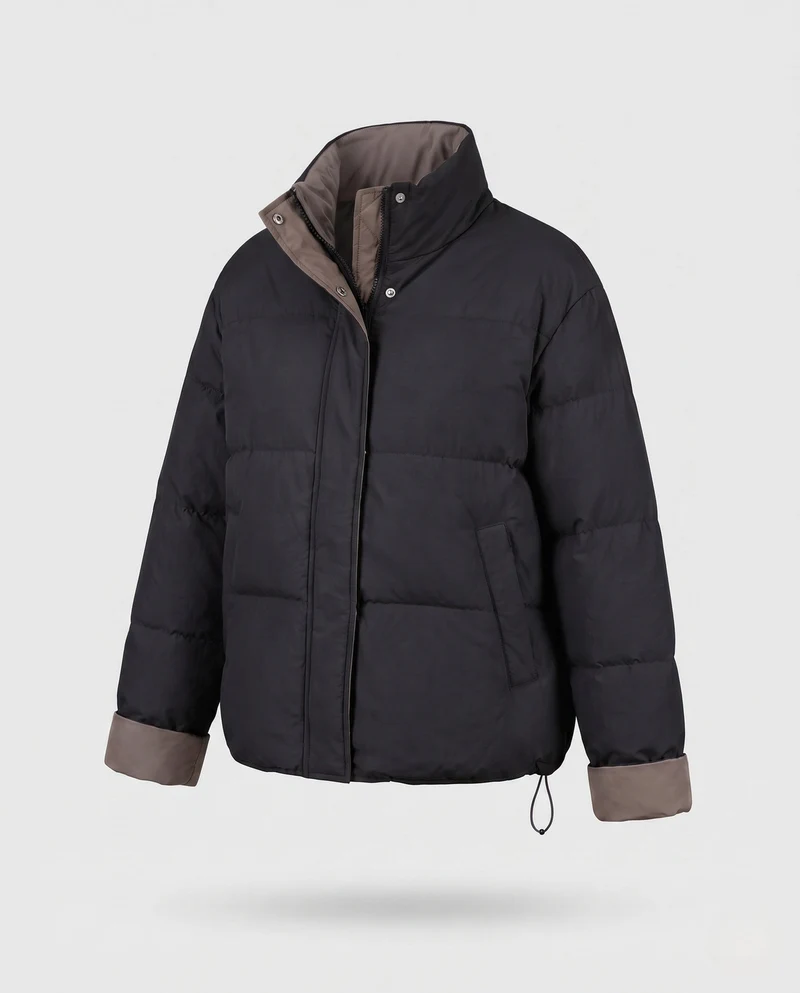 Damen kurze oversized wendbare Pufferjacke mit kontrastierendem Innenrand und Kordelzugsaum