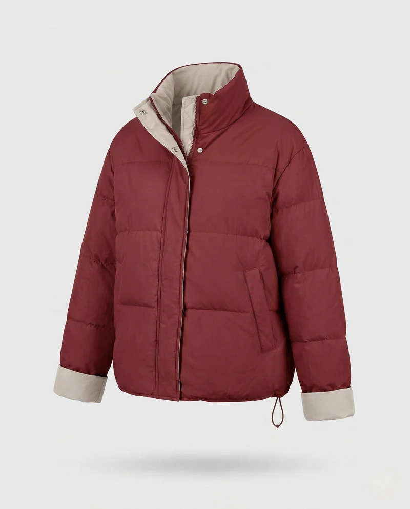 Damen kurze oversized wendbare Pufferjacke mit kontrastierendem Innenrand und Kordelzugsaum