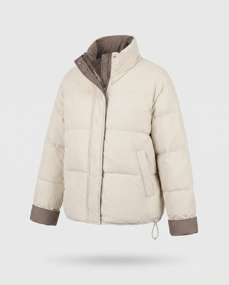 Damen kurze oversized wendbare Pufferjacke mit kontrastierendem Innenrand und Kordelzugsaum