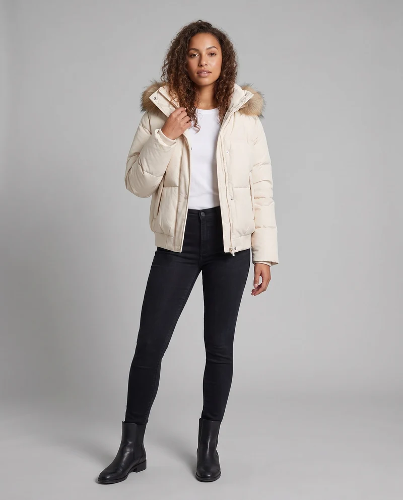 Damen kurze oversized Puffer-Bomberjacke mit abnehmbarem Kunstfellbesatz und verdecktem Reißverschluss.