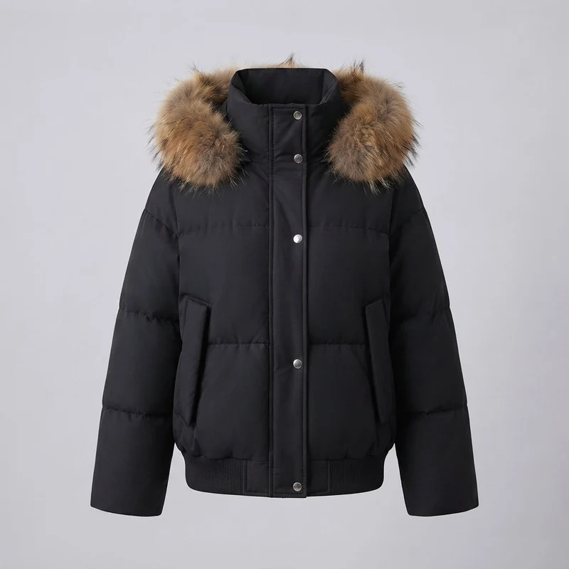 Damen kurze oversized Puffer-Bomberjacke mit abnehmbarem Kunstfellbesatz und verdecktem Reißverschluss.
