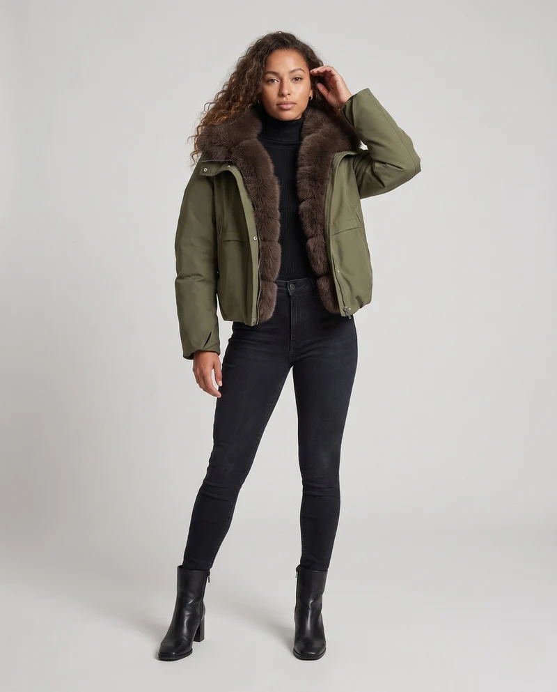 Damen kurzes Parka mit voluminösem Kunstfellkragen, gepolstertem thermischem Futter und verdeckter Druckknopfleiste