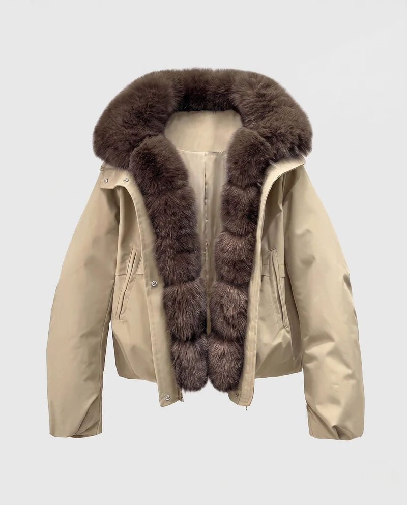 Damen kurzes Parka mit voluminösem Kunstfellkragen, gepolstertem thermischem Futter und verdeckter Druckknopfleiste