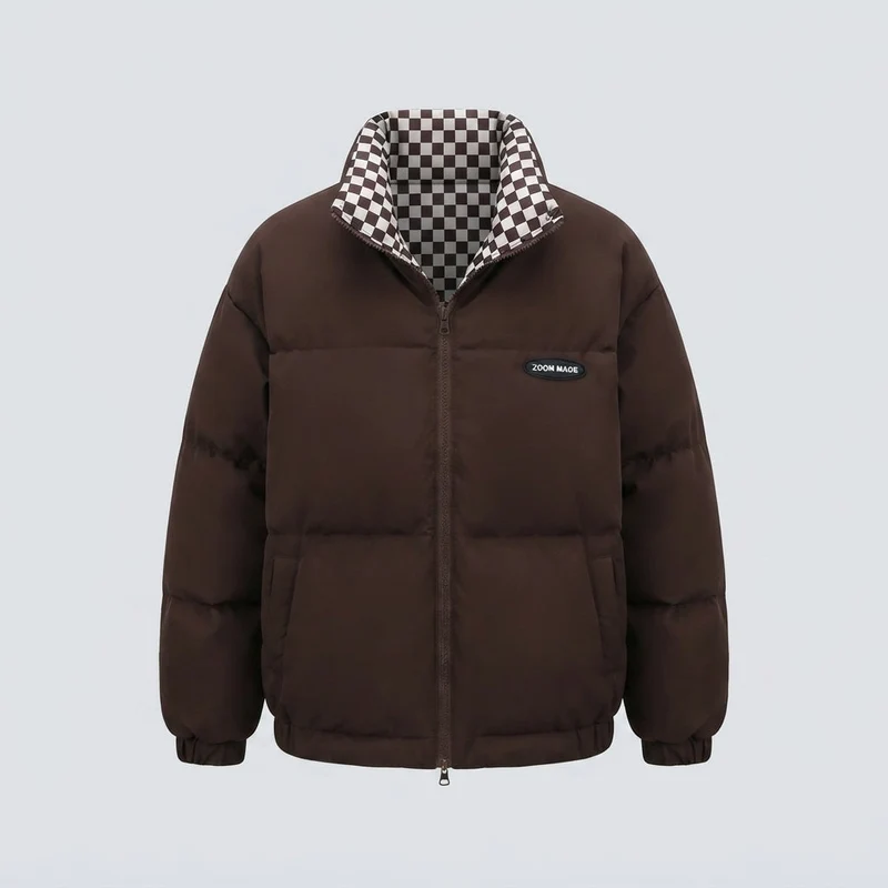 Damen kurze thermische Pufferjacke mit kariertem Wendefutter und hohem Stehkragen